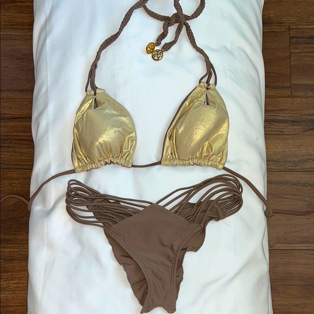 Luli Fama Gold and Brown Bikini Set